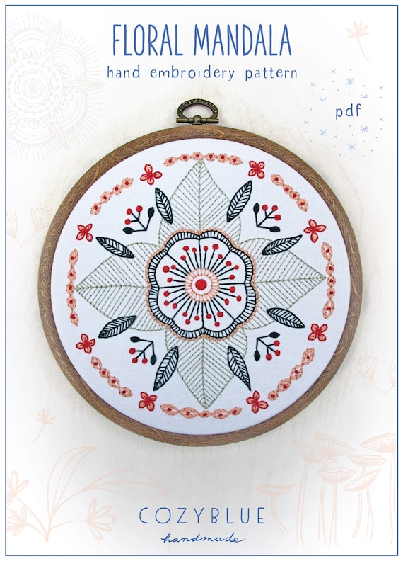 FLORAL MANDALA pdf embroidery pattern, circular flower, embroidery design, gifts for stitchers, embroidery hoop art, by cozyblue on etsy