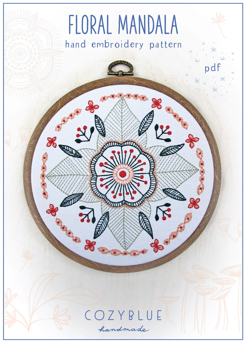 FLORAL MANDALA pdf embroidery pattern, circular flower, embroidery design, gifts for stitchers, embroidery hoop art, by cozyblue on etsy image 1