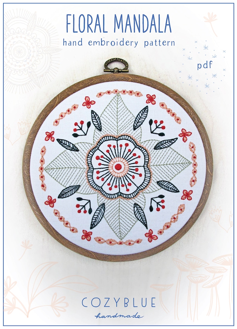 FLORAL MANDALA pdf embroidery pattern, circular flower, embroidery design, gifts for stitchers, embroidery hoop art, by cozyblue on etsy image 1