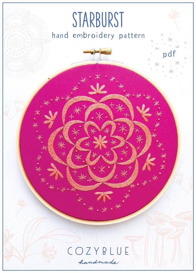 STARBURST pdf embroidery pattern, embroidery hoop art, moon and stars, celestial stitch, mandala embroidery, cozyblue, pink flower image 1