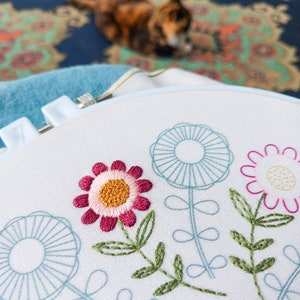 SUNNY FOLK pdf embroidery pattern, embroidery hoop, digital download, meditative stitching, folk flowers, radial repeat, mod flowers image 4