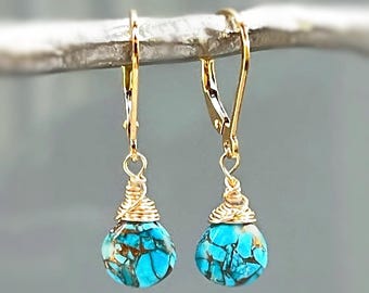 Copper Turquoise Gemstone earrings 14k Gold, Silver leverback dangle earrings handmade gemstone jewelry something blue Bridesmaid Gift