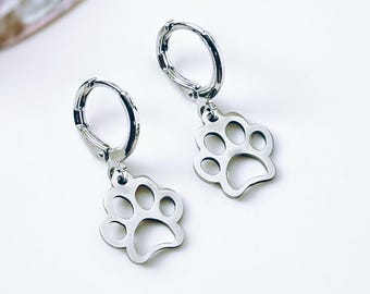 Silver Paw Print Dog Earrings dangle Hoops handmade animal jewelry gift for dog moms animal lovers veterinarians and vet techs