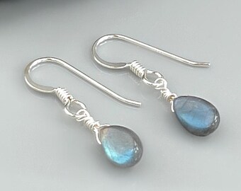 Dainty Labradorite earrings Sterling Silver, 14k Gold fill Tiny tear drop dangle earrings Dangly Handmade crystal Jewelry rose gold Ear Wire