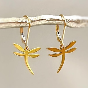 Dragonfly Earrings dangle 14k Gold, Silver Rose Gold Handmade Dragonfly Jewelry gifts for girlfriend, sister, gardener, bug nature lover mom