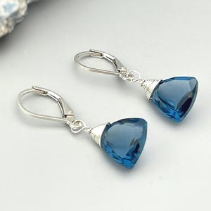 Dainty London Blue Topaz Earrings dangly sterling silver 14k gold boho dangle Quartz gemstone handmade jewelry for women November Birthstone