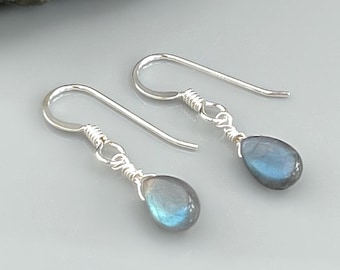 Dainty Labradorite earrings Sterling Silver, 14k Gold fill Tiny tear drop dangle earrings Dangly Handmade crystal Jewelry rose gold Ear Wire