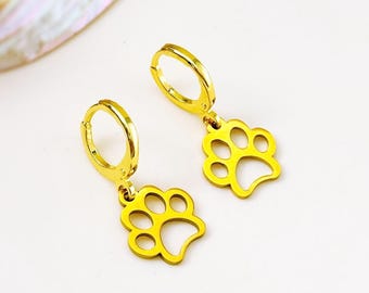 Gold Paw Print Dog Earrings dangle Hoops silver rose gold handmade animal jewelry gift for dog moms animal lovers veterinarians vet techs