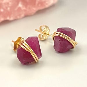 Raw Ruby Earrings Handmade Ruby Stud earrings 14k Gold Fill, Silver, Rose Gold minimalist dainty raw gemstone natural ruby post earrings