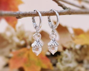 Dainty Silver Acorn Earrings  dangle Huggie Hoop handmade nature autumn fall jewelry for women earthy woodland gifts for sister, friend, mom
