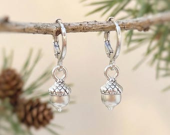 Dainty Silver Acorn Earrings  dangle Huggie Hoop handmade nature autumn fall jewelry for women earthy woodland gifts for sister, friend, mom