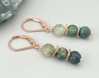 Moss Agate Earrings Dangle Rose Gold, Sterling Silver Green Gemstone Earrings long elegant handmade customizable dangly earrings for women