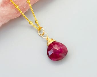 Dainty Ruby Necklace 14k Gold Fill, Sterling Silver July Birthstone Jewelry Faceted red Gemstone Pendant Handmade Gift for girlfriend, wife