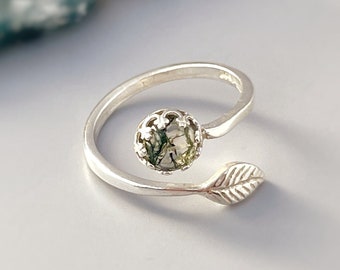Dainty Moss Agate Ring Sterling Silver leaf green gemstone handmade birthstone gift for women boho ring girlfriend, grand daughter gift