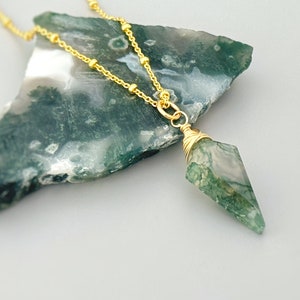 Moss Agate Necklace 14k gold, Rose Gold, sterling silver handmade crystal jewelry simple gemstone pendant layering necklace for boho gift