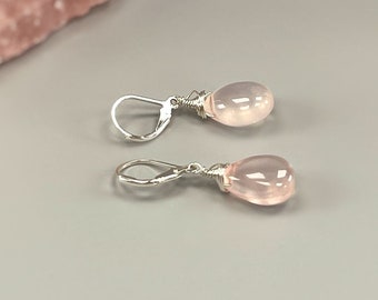 Rose Quartz Earrings Dangle Pink Gemstone Sterling Silver, gold, rose gold dangling teardrop Leverback Minimalist Artisan Handmade Jewelry