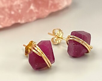 Raw Ruby Earrings Handmade Ruby Stud earrings 14k Gold Fill, Silver, Rose Gold minimalist dainty raw gemstone natural ruby post earrings