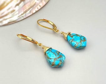 Turquoise Earrings dangle Gold Silver 14k leverback dangly handmade blue copper gemstone birthstone handmade jewelry gift for wife mom