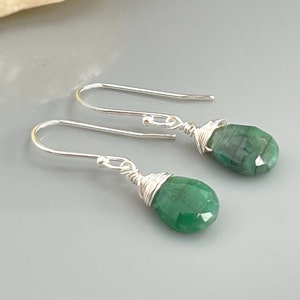 Emerald Earrings Dangle Handmade Jewelry Solid 14k Gold Silver Rose Gold teardrop Dangling raw Gemstone lightweight leverback Dainty