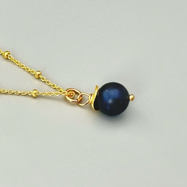 Dainty Blue Pearl Necklace Gold handmade single pearl pendant June birthstone jewelry necklace for women gift for mom, wife