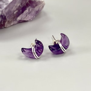 Crescent Moon Amethyst Stud Earrings Silver, 14k Gold Fill celestial Earrings modern handmade minimalist jewelry Dainty Studs gift for wife