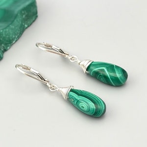 Malachite Earrings Sterling Silver, 14k Gold Fill, Dangling Teardrop Green Gemstone Earrings Handmade Malachite Crystal Jewelry for women
