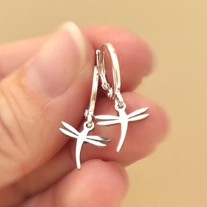 May include: A pair of silver-toned hoop earrings, each featuring a small, dangling dragonfly charm. The earrings have a polished metallic finish and a simple hinged closure mechanism, showcasing a delicate insect design suspended from a circular hoop.