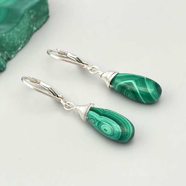 Malachite Earrings Sterling Silver, 14k Gold Fill, Dangling Teardrop Green Gemstone Earrings Handmade Malachite Crystal Jewelry for women