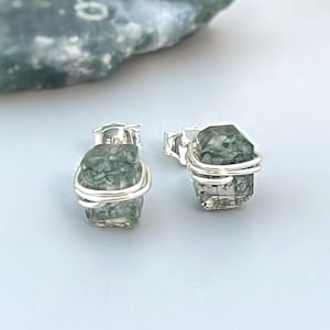 Moss Agate Earrings Stud Earrings Sterling Silver Handmade jewelry 14k Gold Fill Rose Gold minimalist dainty raw gemstone crystal earrings