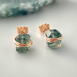 Moss Agate Earrings Stud Earrings Rose Gold Sterling Silver Handmade jewelry 14k Gold Fill minimalist dainty raw gemstone crystal earrings