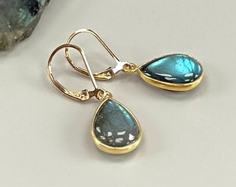 Labradorite earrings dangle  minimalist 14k Gold Fill Dangly Blue Gemstone handmade Labradorite Jewelry leverback gold fill dangly earrings