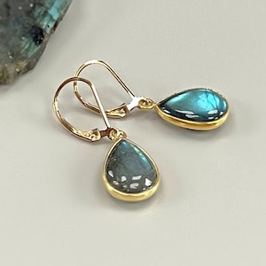 Labradorite earrings dangle  minimalist 14k Gold Fill Dangly Blue Gemstone handmade Labradorite Jewelry leverback gold fill dangly earrings