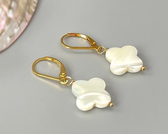 Clover Earrings Gold dangle drop Mother of Pearl Silver beachy shell summer jewelry 14k Gold, handmade iridescent minimalist gift for wife