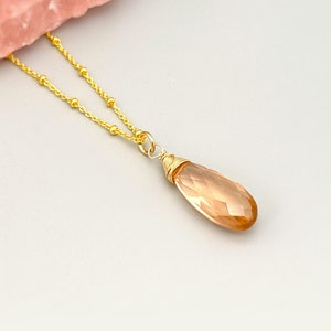Morganite Necklace Gold, Silver, Rose Gold Handmade gemstone pendant blush peach quartz Jewelry Crystal Quartz necklace for women