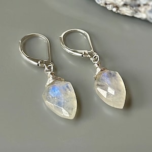 Moonstone Earrings Sterling Silver Blue Arrows Gemstone Earrings Handmade Jewelry