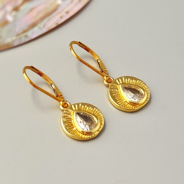 Gold Crystal Earrings dangle drop leverback boho handmade jewelry sunburst sparkly earrings gift for her, wife, mom, woman