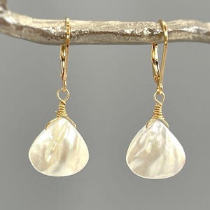 Mother of Pearl Earrings dangle drop 14k Gold, Silver beachy shell pearl jewelry Summer Jewelry handmade iridescent minimalist gift for wife