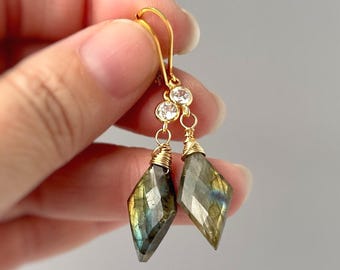 Handmade Labradorite earrings gold dangle Crystal Gemstone 14k dangly tear drop boho gemstone jewelry for women, birthstone gift for wife