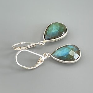 Labradorite earrings Sterling Silver Handmade Jewelry Dangly Blue Gemstone Lever backs Minimalist