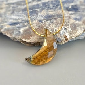 Labradorite Moon Necklace 14k Gold, Sterling Silver, Dainty Crescent Moon Pendant Handmade Minimalist Layering Celestial Jewelry for women