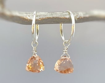 Morganite Earrings Dangle Hoops Sterling Silver, Rose Gold, 14k Gold Fill Handmade dainty raw gemstone crystal jewelry for mom