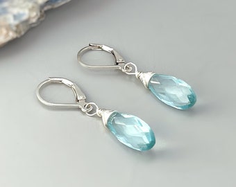 Aquamarine earrings dangle, Sterling Silver Baby Blue Quartz Gold Fill, rose gold Handmade jewelry light blue gemstone Dangly earrings