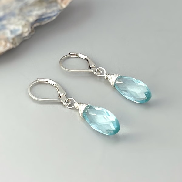 Aquamarine earrings dangle, Sterling Silver Baby Blue Quartz Gold Fill, rose gold Handmade jewelry light blue gemstone Dangly earrings