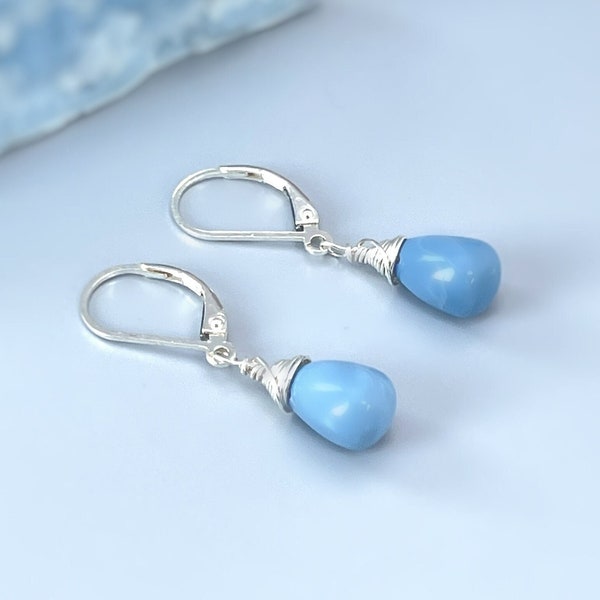 Owyhee Blue Opal earrings dangle Sterling Silver Gold, Rose Gold teardrop light blue drop earrings for women dangly boho handmade jewelry