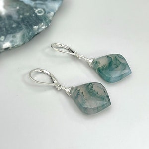 Moss Agate Earrings dangle Sterling Silver, 14k Gold fill Large Tear Drop Earrings dangly artisan handmade green gemstone jewelry for women