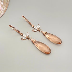 Morganite Rose Gold Earrings dangle pink, peach, champagne 14k Gold fill Dainty tear drop crystal dangly earrings Handmade Jewelry for women