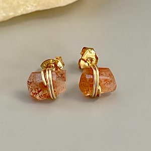 Sunstone Stud Earrings, Handmade Jewelry 14k Gold Fill, Sterling Silver, Rose Gold minimalist dainty raw gemstone post earrings Oregon gift