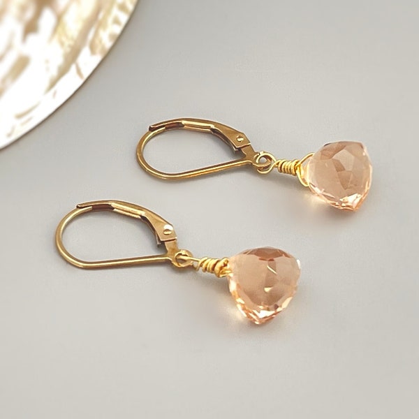 Dainty Morganite earrings dangle 14k gold, Sterling Silver, Rose Gold Dainty tear drop crystal Quartz dangly pink peach gemstone jewelry
