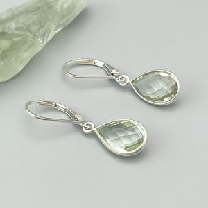 Dainty Green Amethyst earrings Dangle Sterling Silver sage green Prasiolite Gemstone dangly drop earrings Handmade Jewelry gift for wife