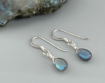 Dainty Labradorite earrings Sterling Silver, 14k Gold fill Tiny tear drop dangle earrings Dangly Handmade crystal Jewelry rose gold Ear Wire